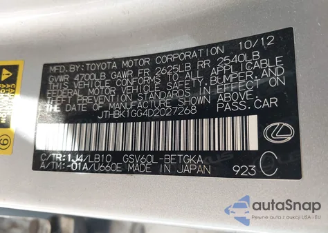 2013 Lexus Es 350 from USA, damaged, VIN JTHBK1GG4D2027268